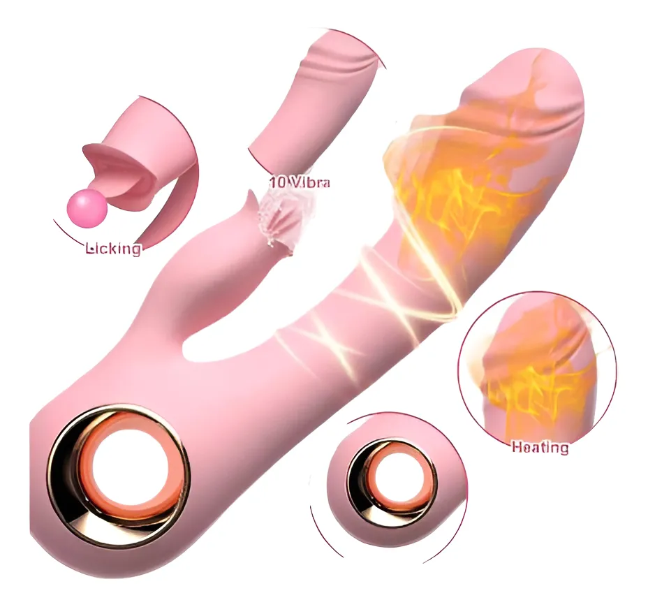 Máy rung có sưởi ấm và lưỡi liếm màu hồng dễ cầm tay